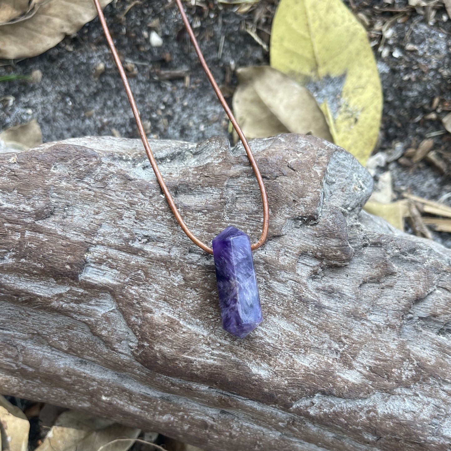 "Dabble In Dimensions" Purple Amethyst Stone Pendant Leather Necklace