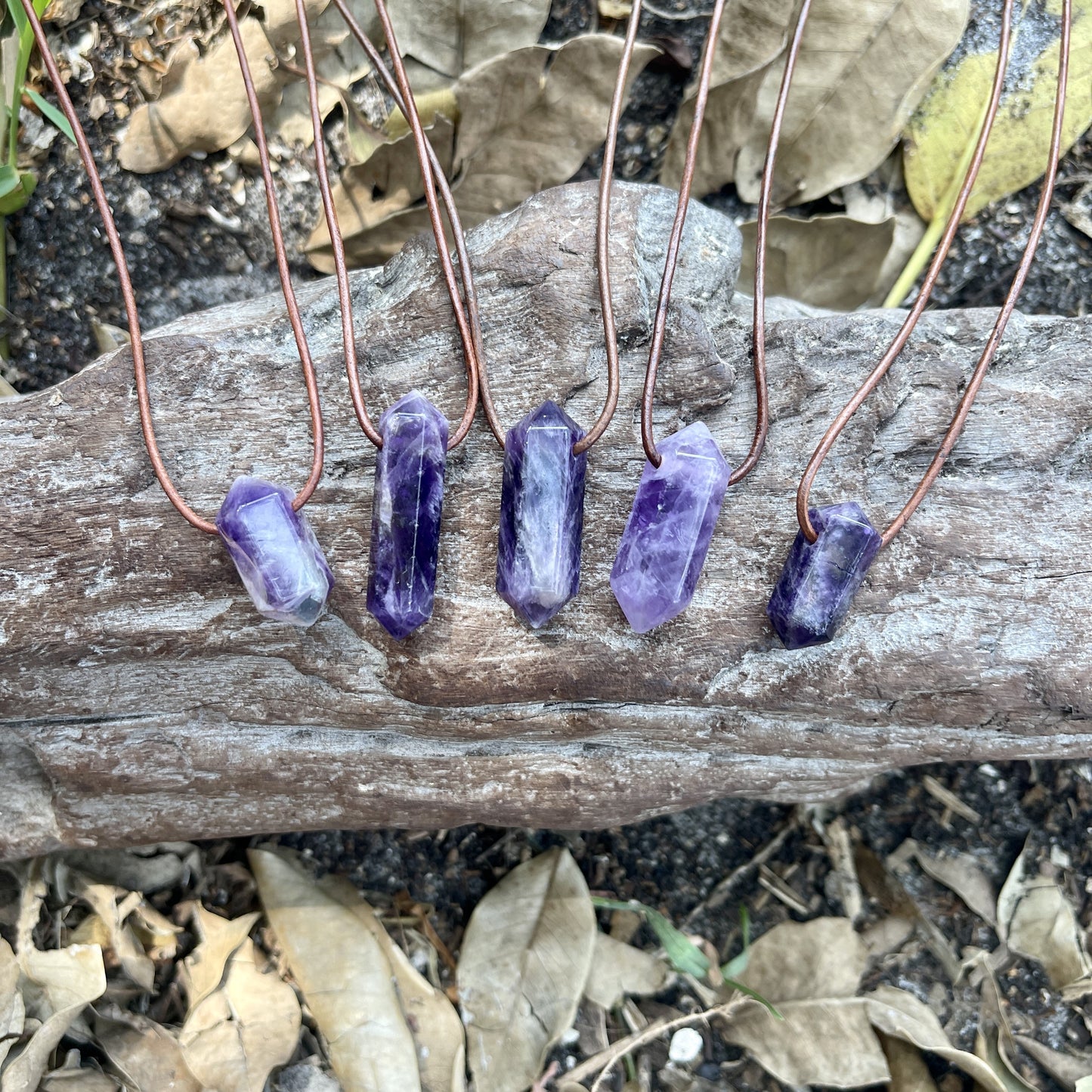 "Dabble In Dimensions" Purple Amethyst Stone Pendant Leather Necklace