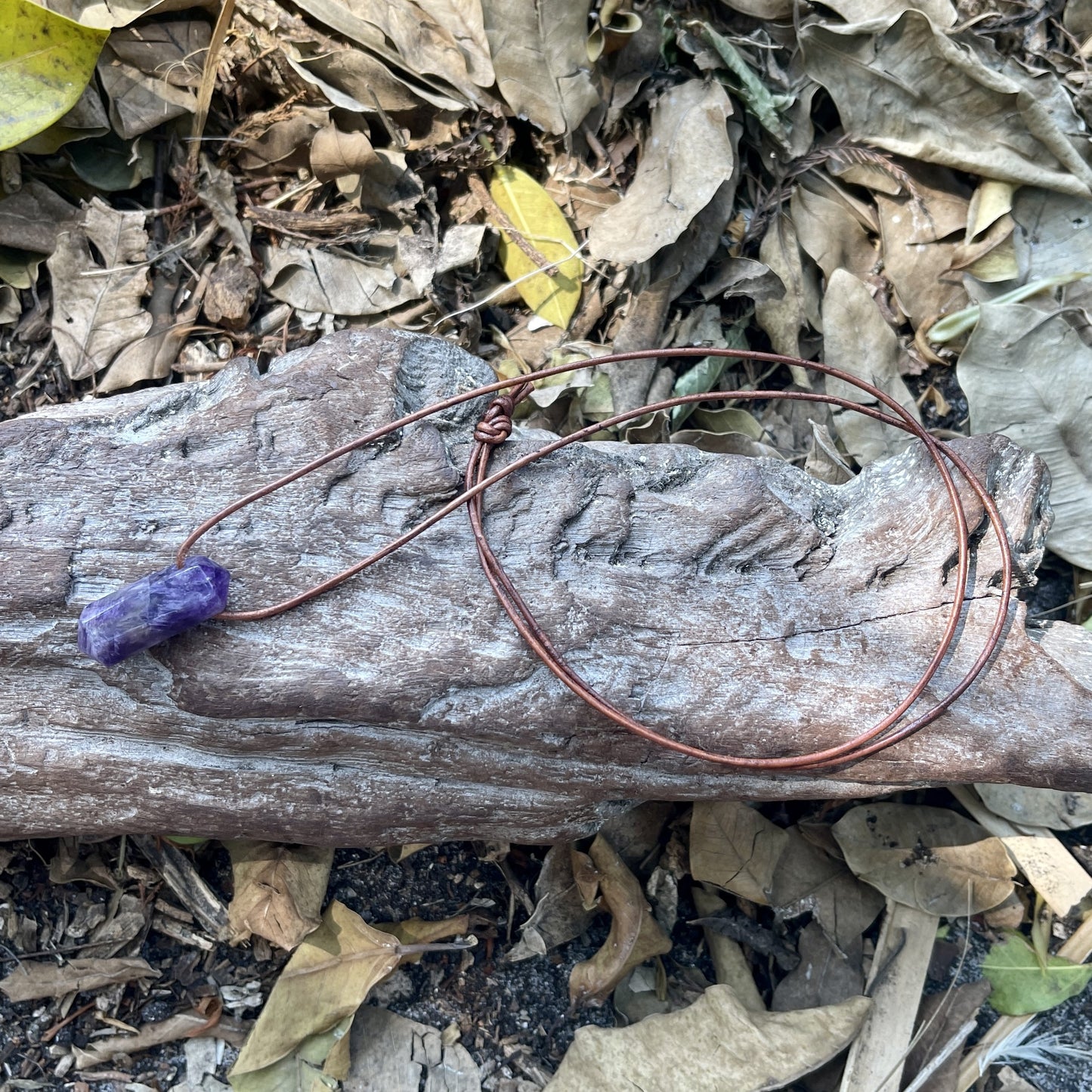 "Dabble In Dimensions" Purple Amethyst Stone Pendant Leather Necklace