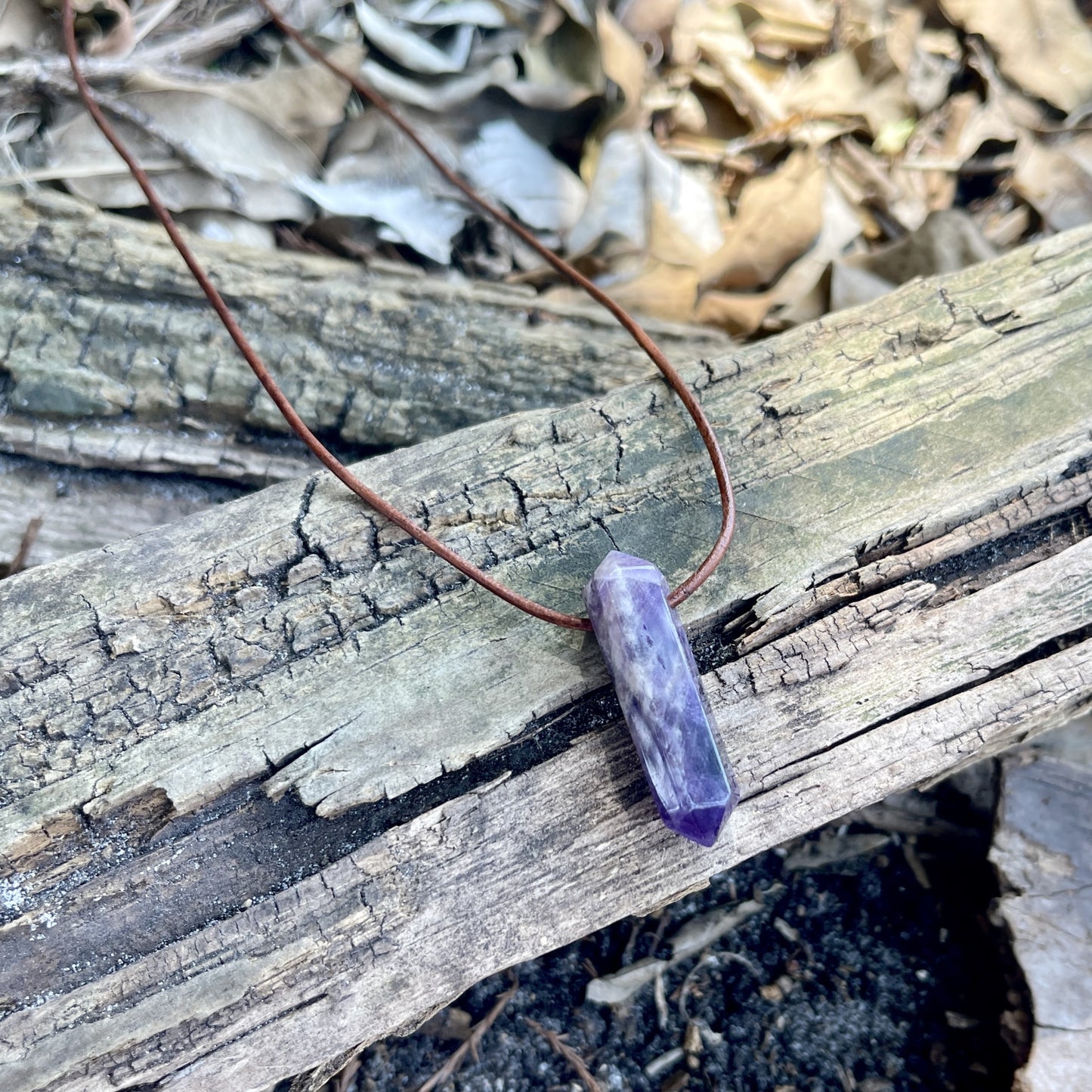 "Dabble In Dimensions" Purple Amethyst Stone Pendant Leather Necklace