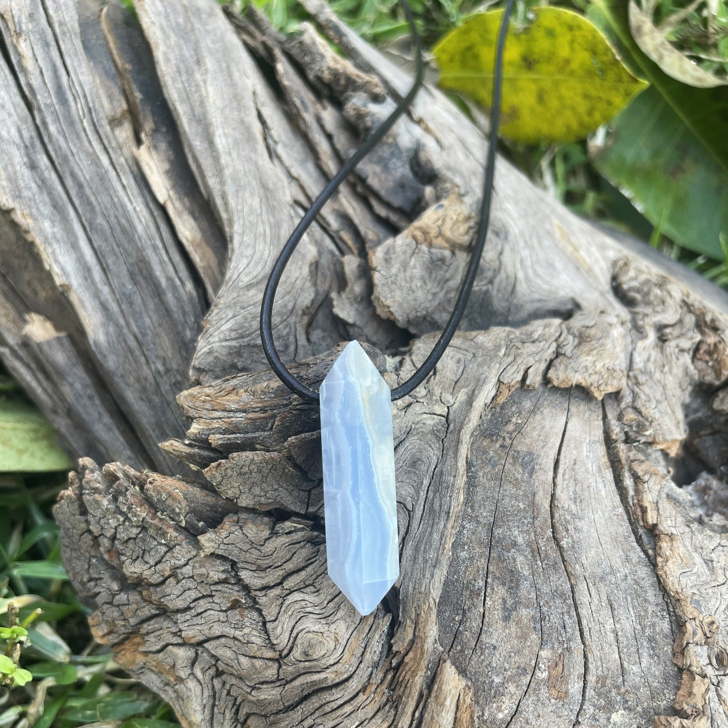 "Just a Vapor" Baby Blue Lace Chalcedony Leather Necklace