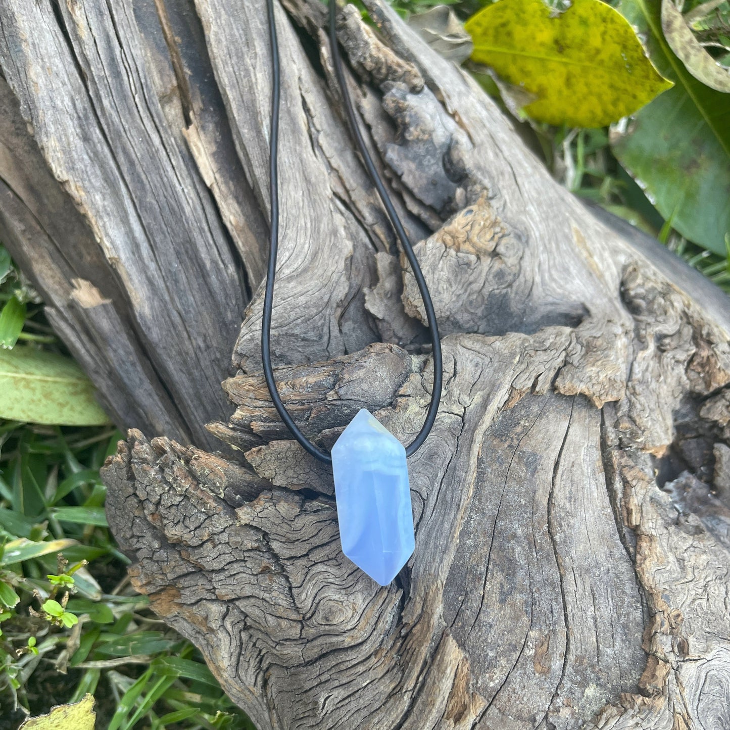 "Just a Vapor" Baby Blue Lace Chalcedony Leather Necklace