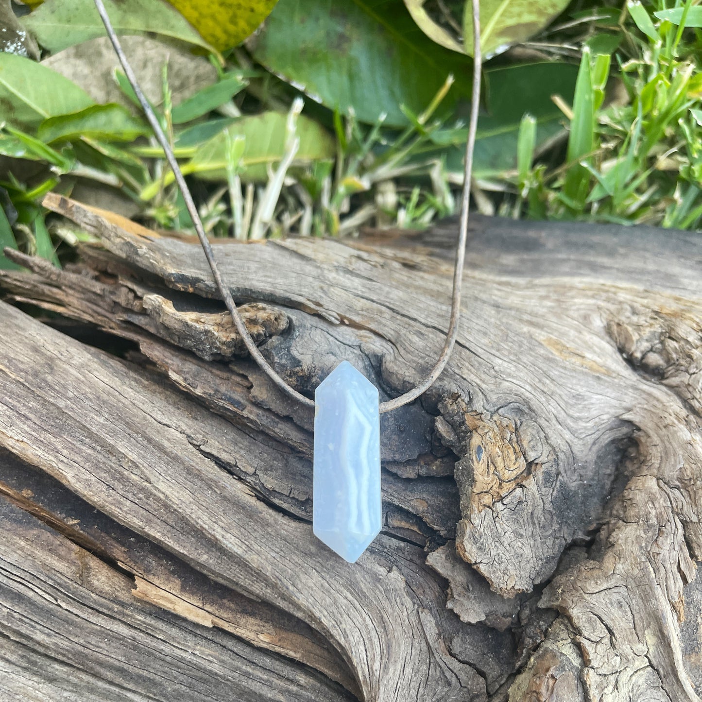 "Just a Vapor" Baby Blue Lace Chalcedony Leather Necklace