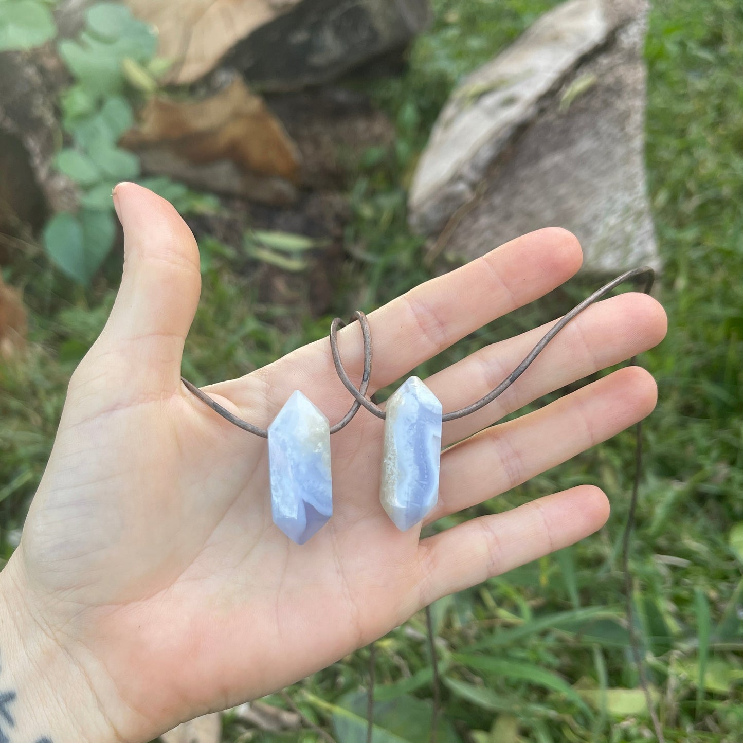 "Just a Vapor" Baby Blue Lace Chalcedony Leather Necklace