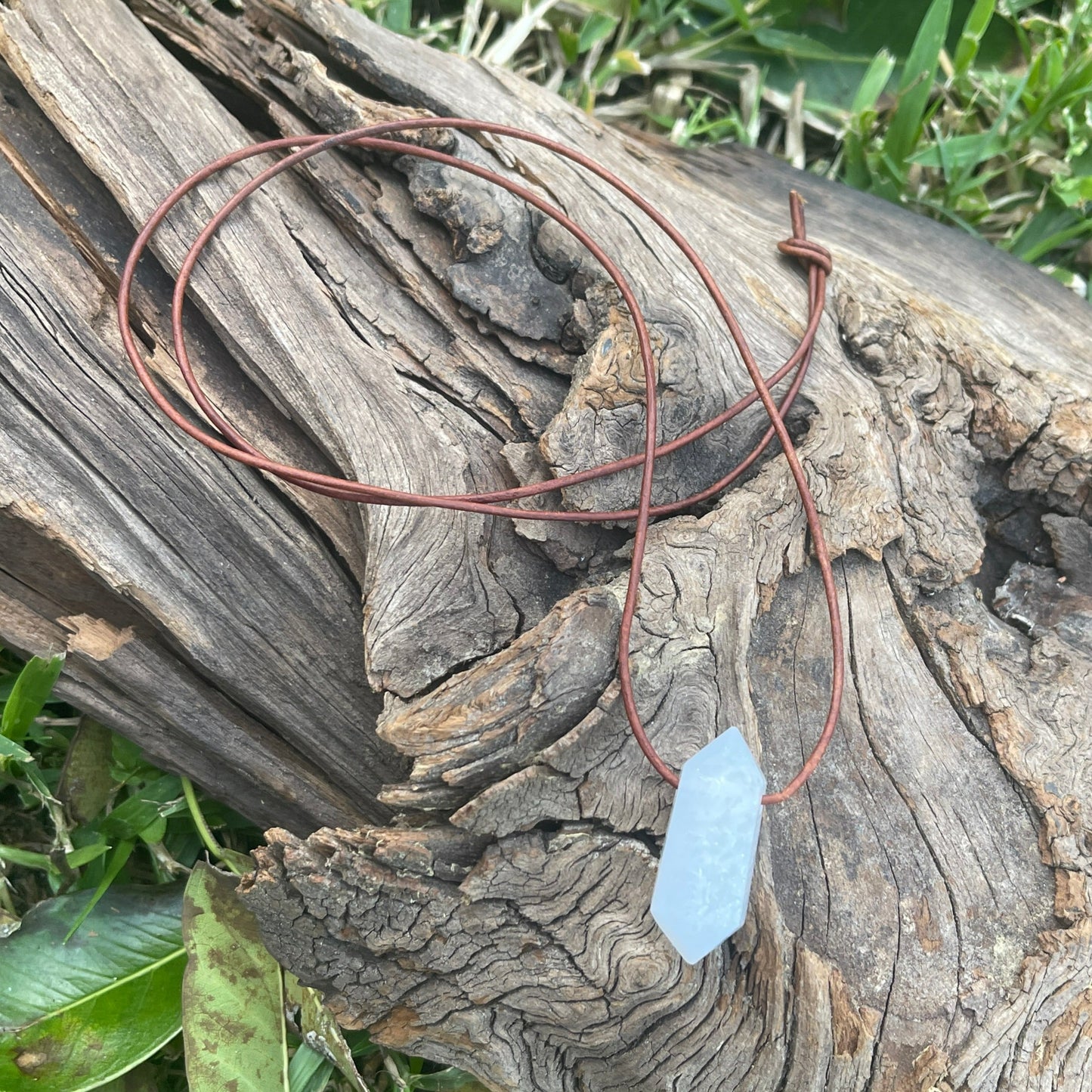 "Just a Vapor" Baby Blue Lace Chalcedony Leather Necklace