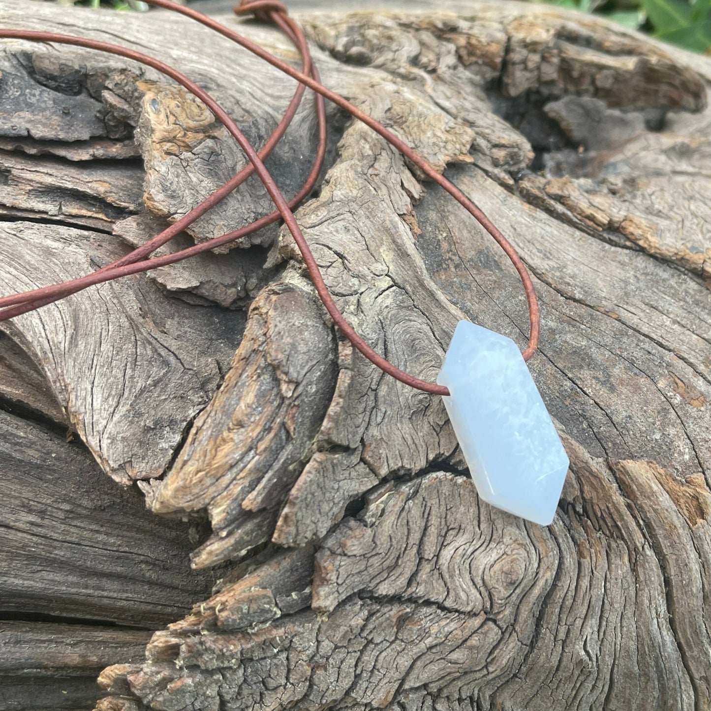 "Just a Vapor" Baby Blue Lace Chalcedony Leather Necklace