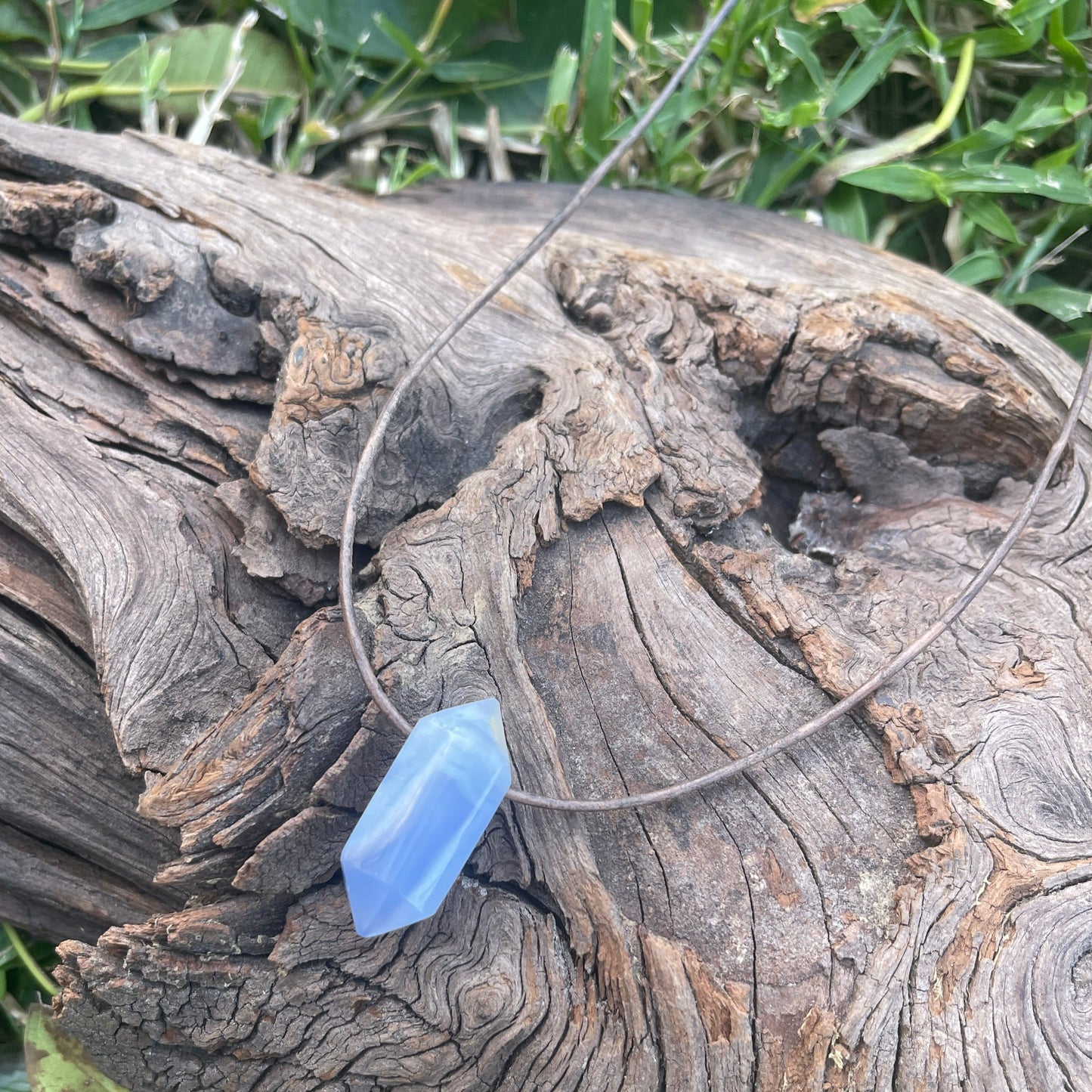 "Just a Vapor" Baby Blue Lace Chalcedony Leather Necklace