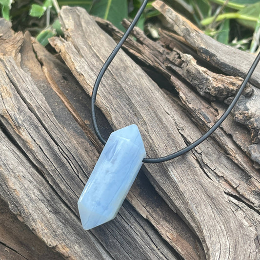 "Just a Vapor" Baby Blue Lace Chalcedony Leather Necklace