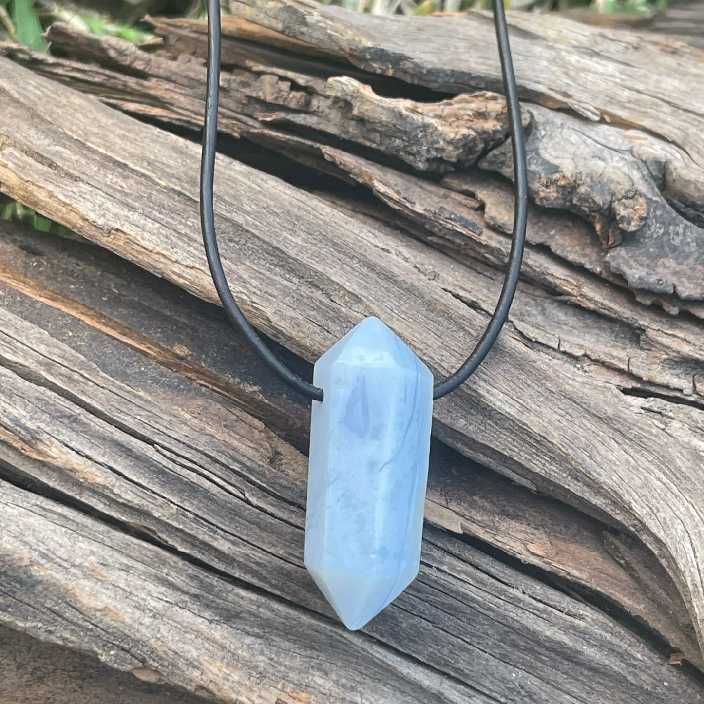 "Just a Vapor" Baby Blue Lace Chalcedony Leather Necklace