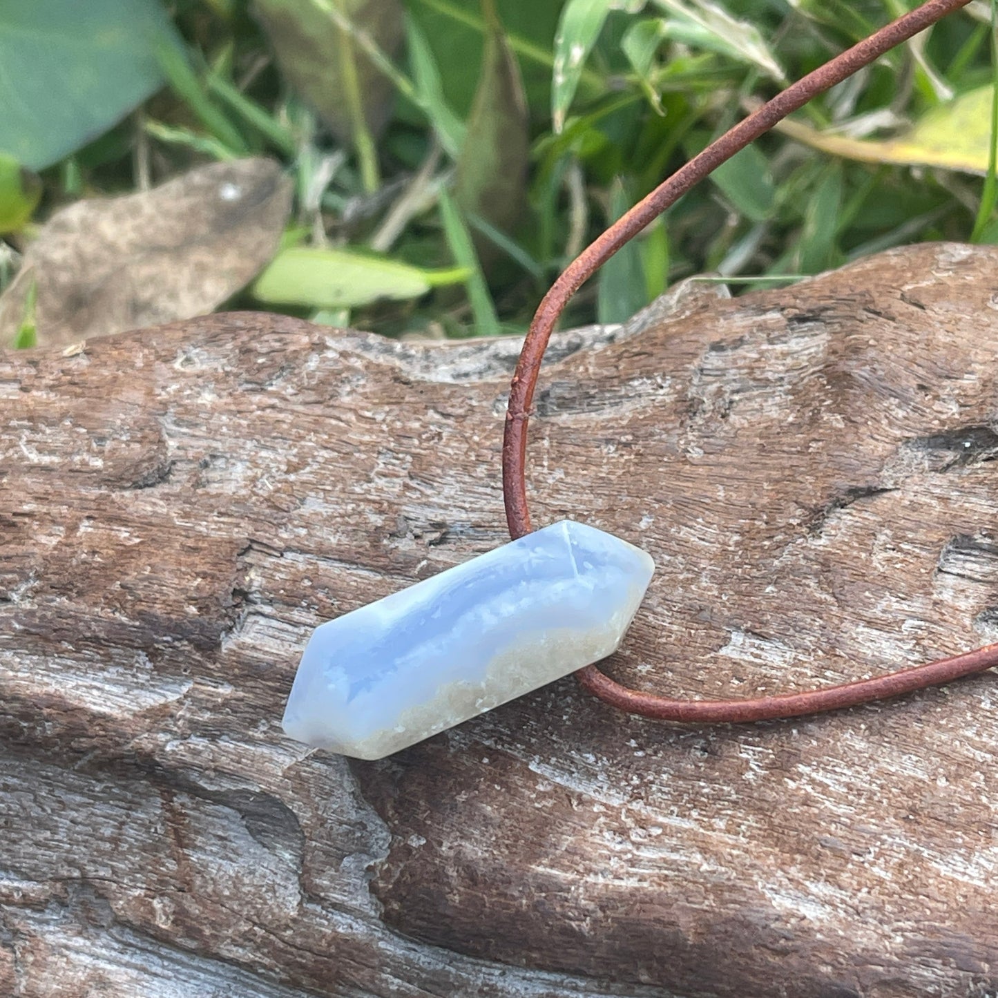 "Just a Vapor" Baby Blue Lace Chalcedony Leather Necklace