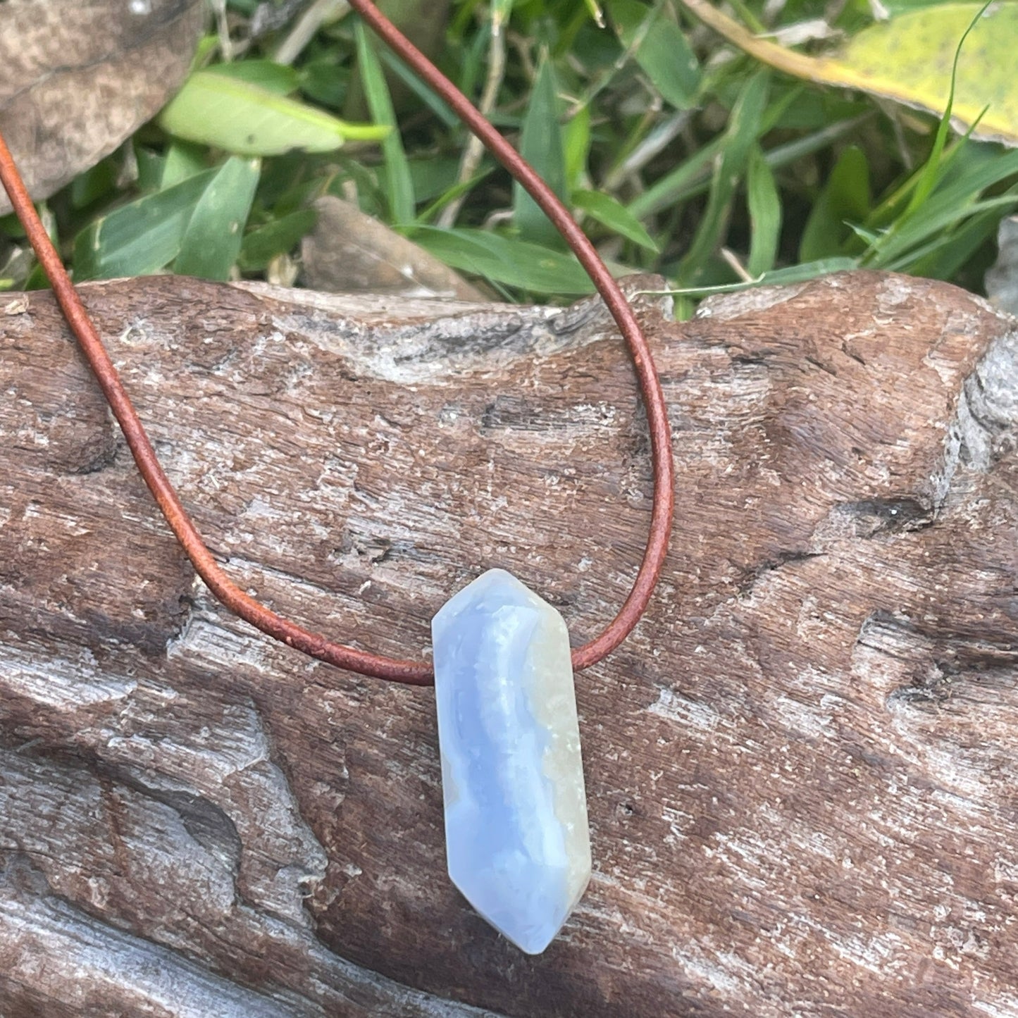 "Just a Vapor" Baby Blue Lace Chalcedony Leather Necklace