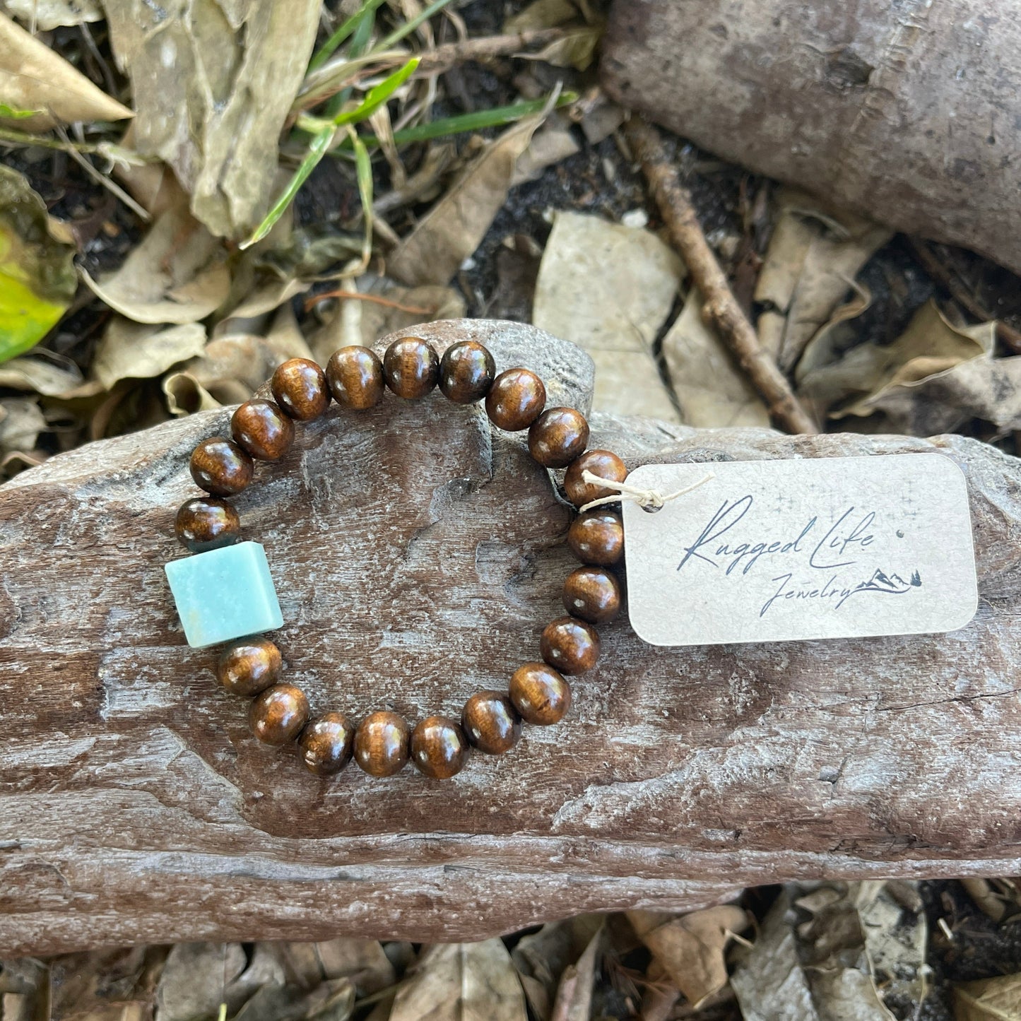 "Lost" Amazonite Accent Natural Wood Bracelet