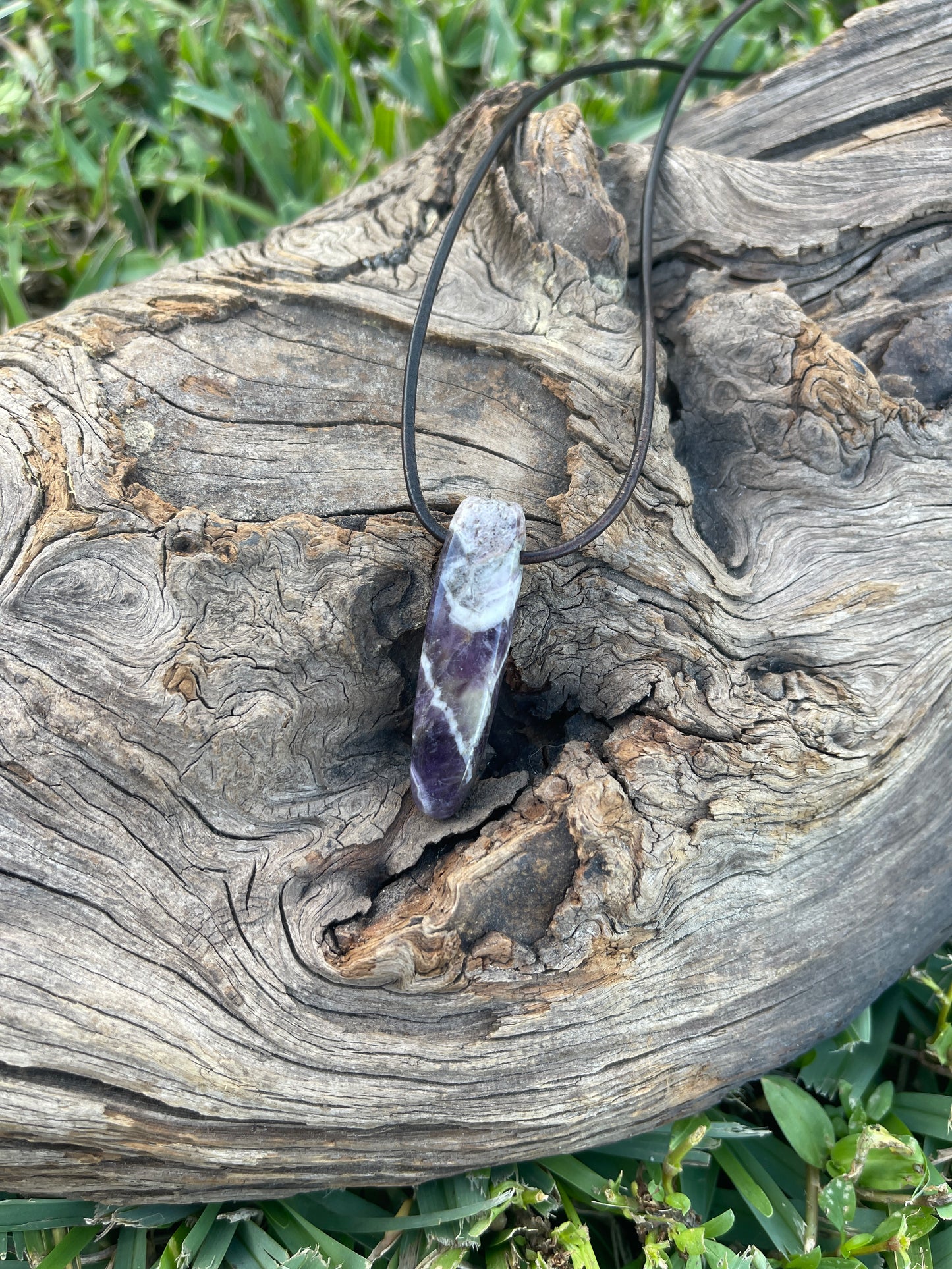 "Panchromatic" Purple Chevron Amethyst Leather Necklace