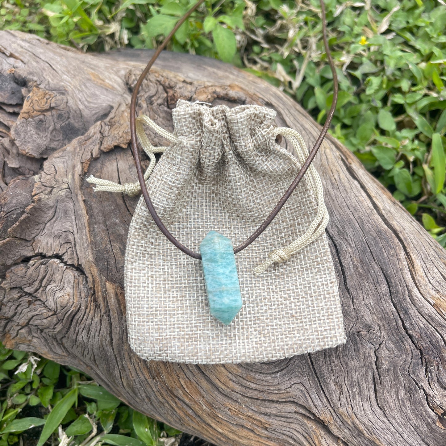 "Andies"  Peruvian Amazonite Crystal Point Leather Necklace