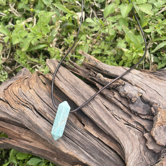 "Andies"  Peruvian Amazonite Crystal Point Leather Necklace