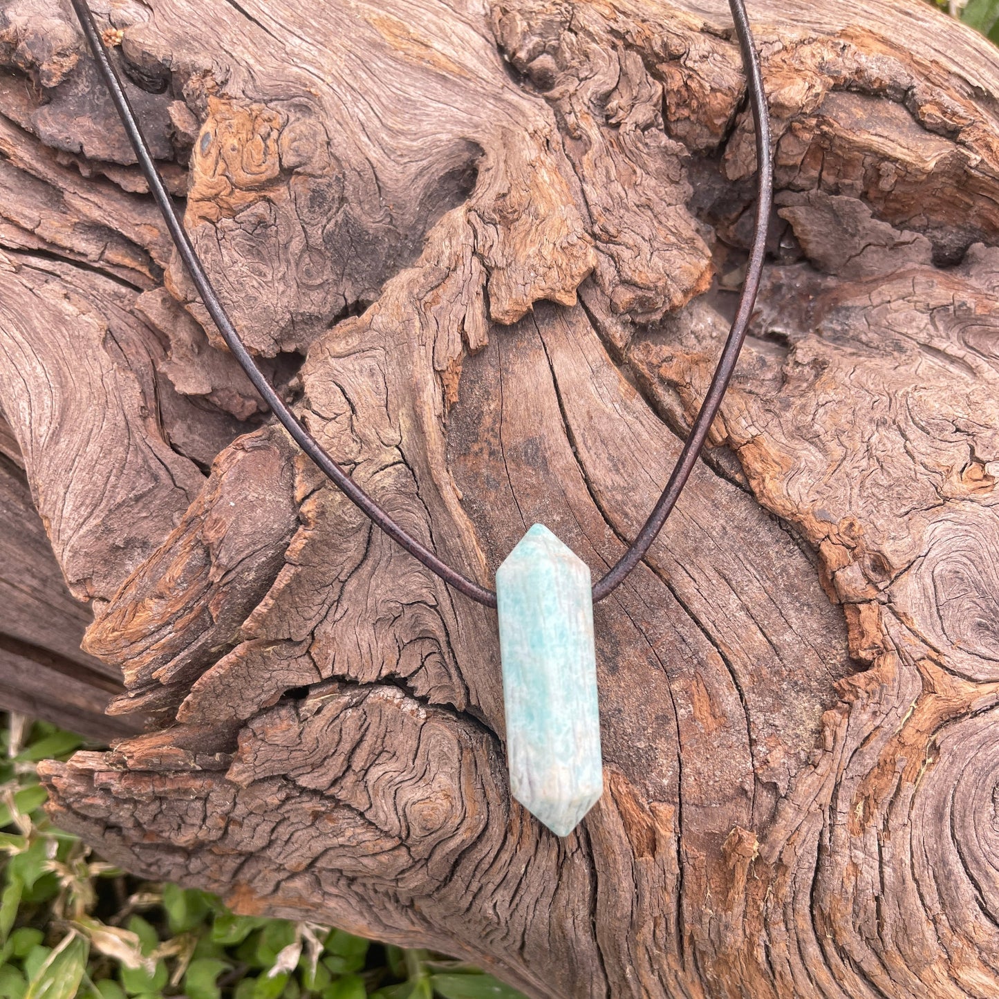 "Andies"  Peruvian Amazonite Crystal Point Leather Necklace