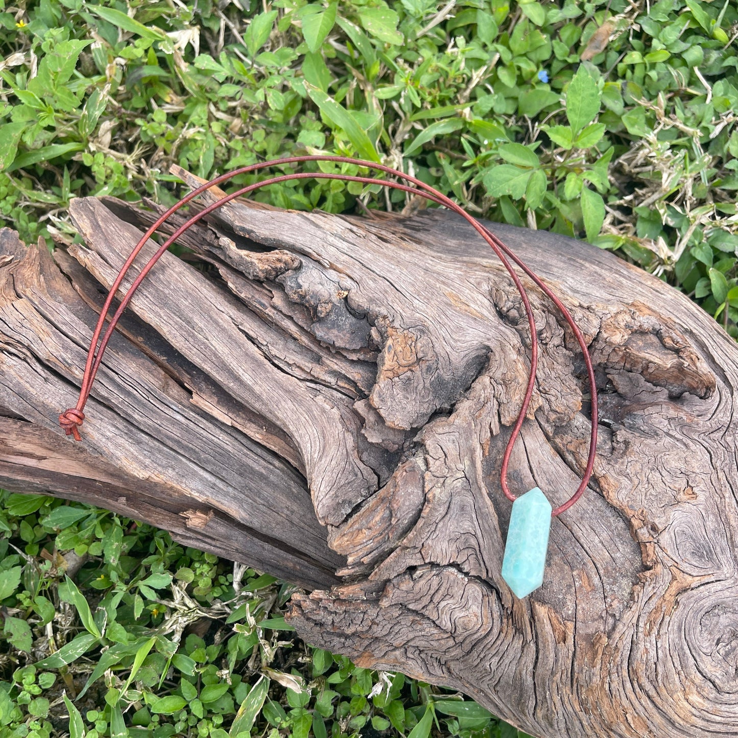 "Andies"  Peruvian Amazonite Crystal Point Leather Necklace