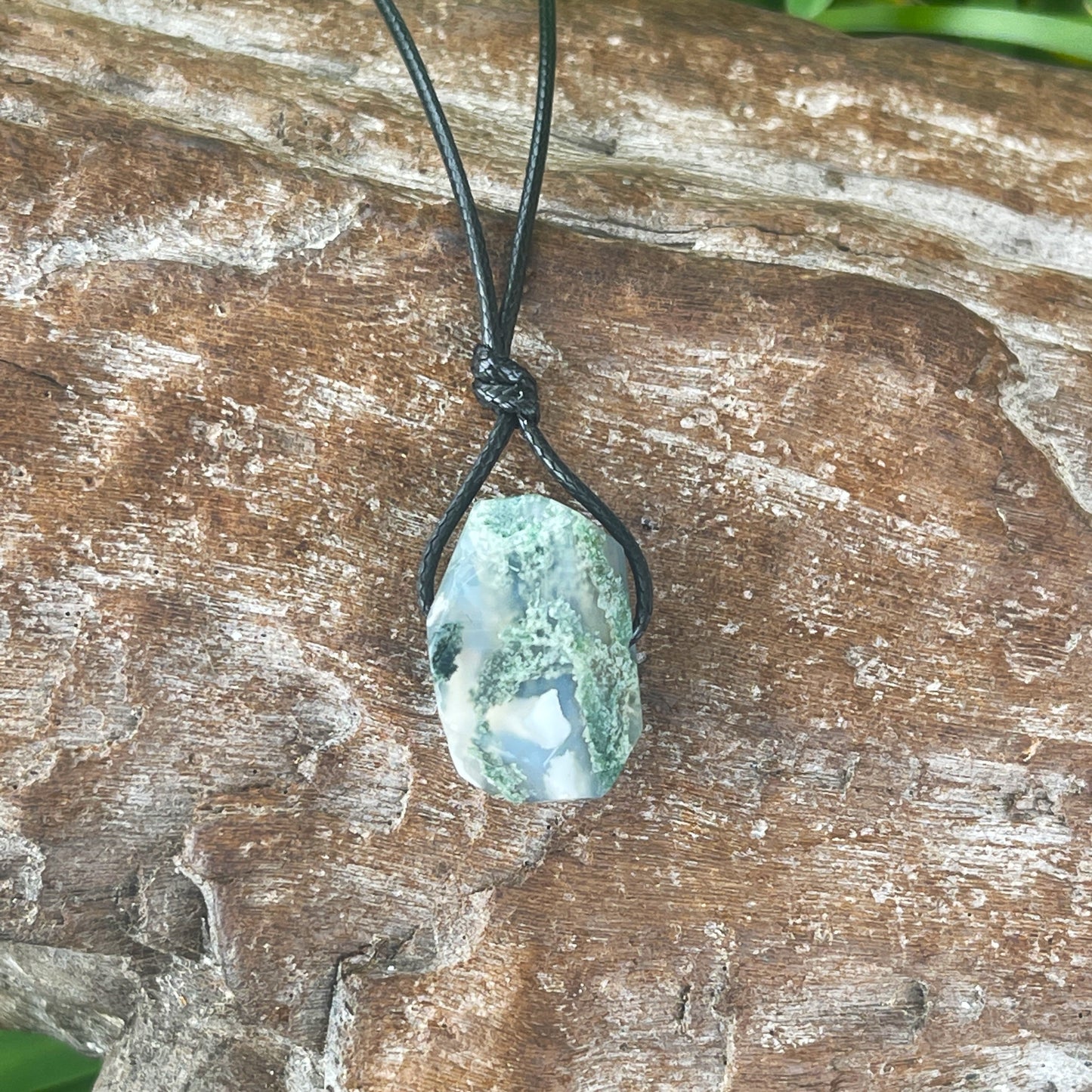 "Snoqualmie Falls" Raw Stone Green Moss Agate on Cotton Necklace