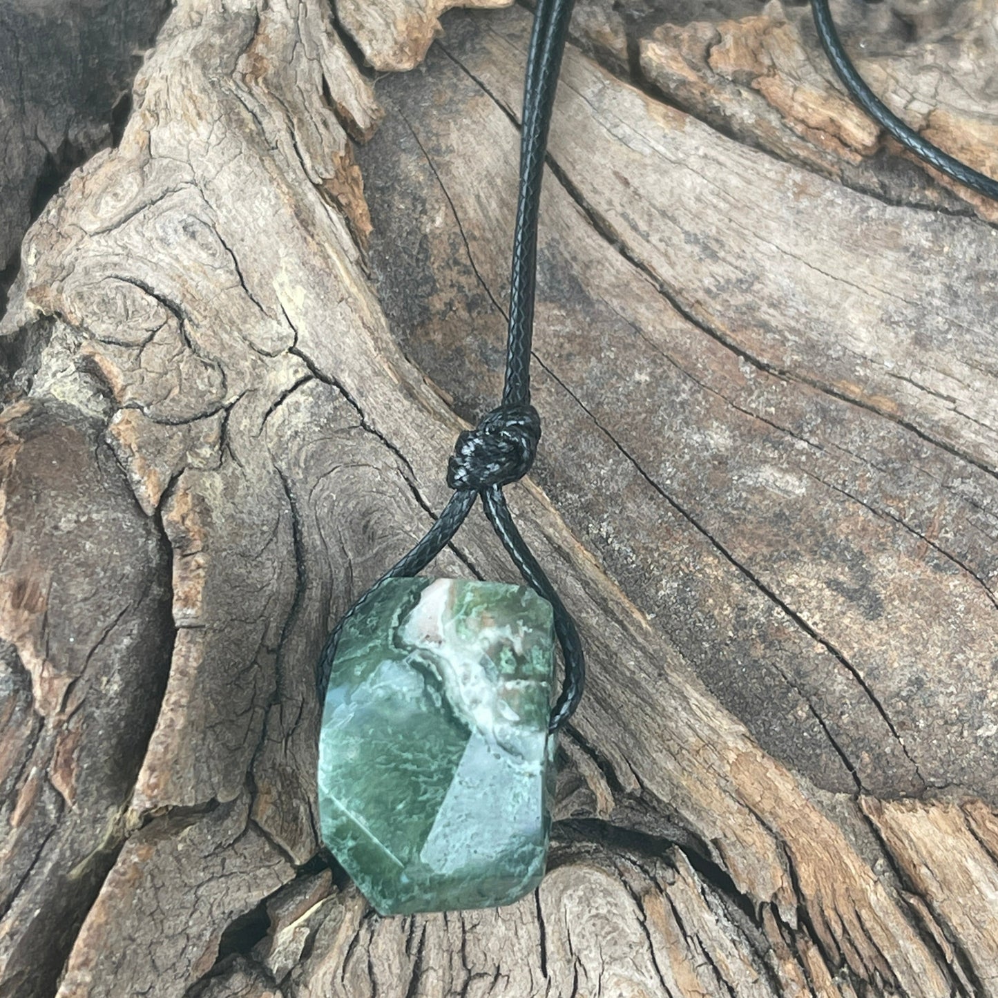 "Snoqualmie Falls" Raw Stone Green Moss Agate on Cotton Necklace