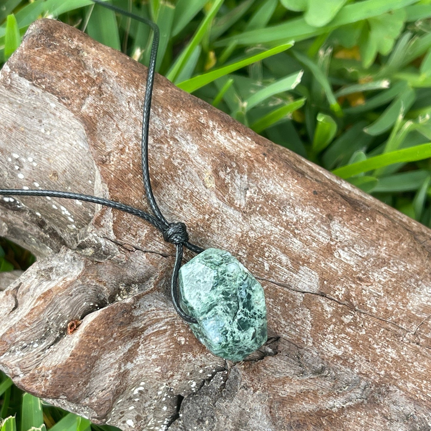 "Snoqualmie Falls" Raw Stone Green Moss Agate on Cotton Necklace