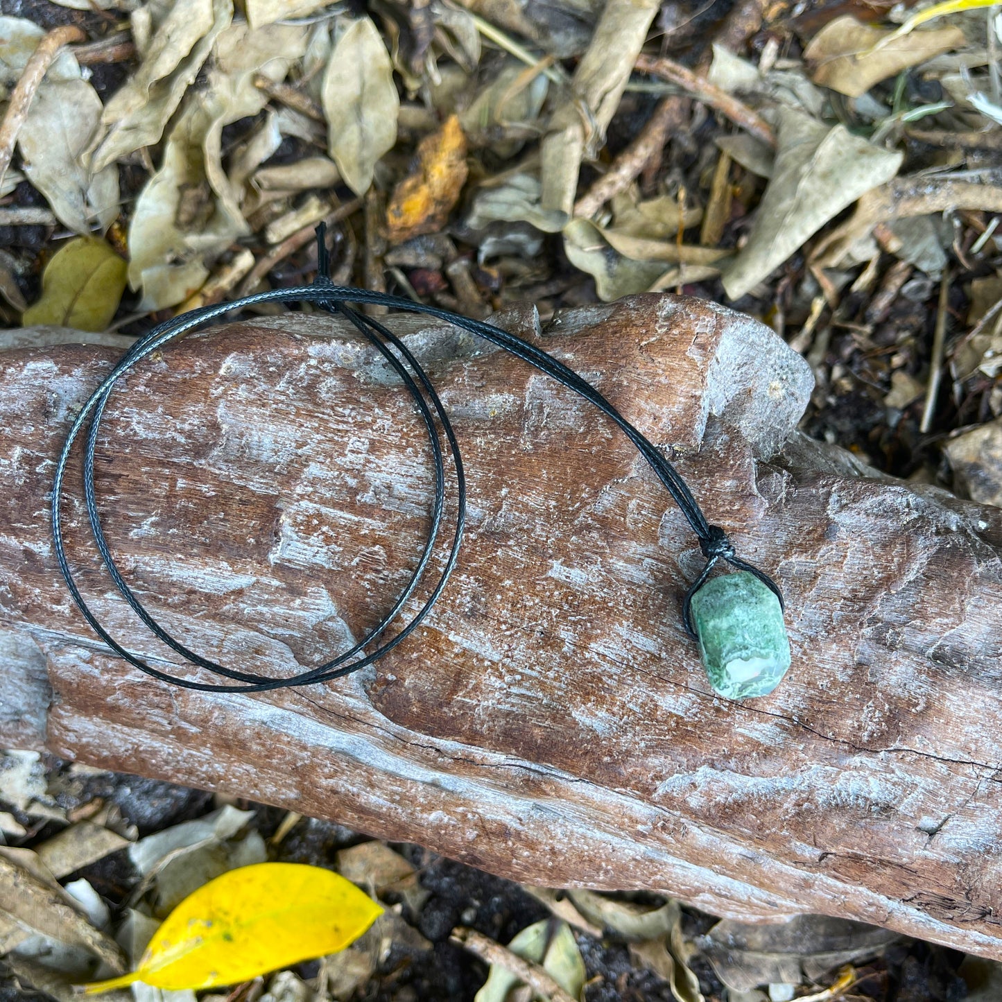 "Snoqualmie Falls" Raw Stone Green Moss Agate on Cotton Necklace