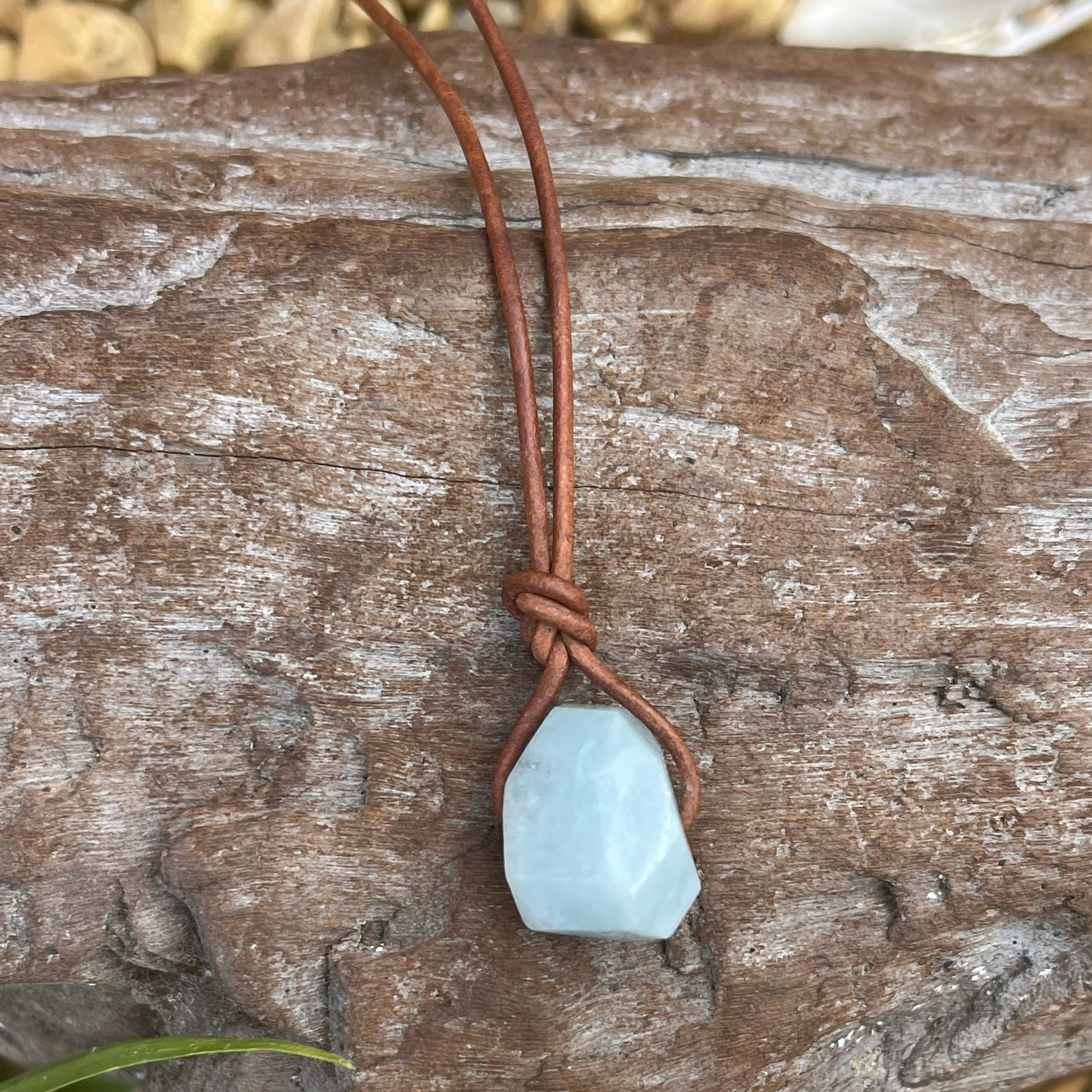 genuine aquamarine raw stone leather necklace