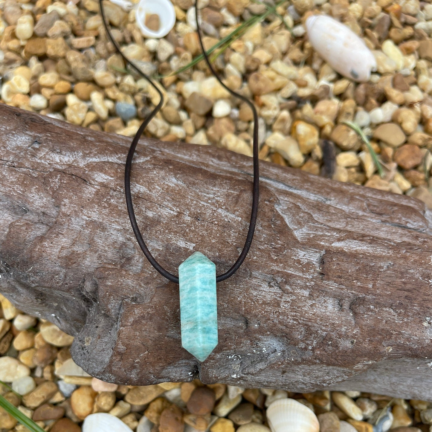 "Andies"  Peruvian Amazonite Crystal Point Leather Necklace