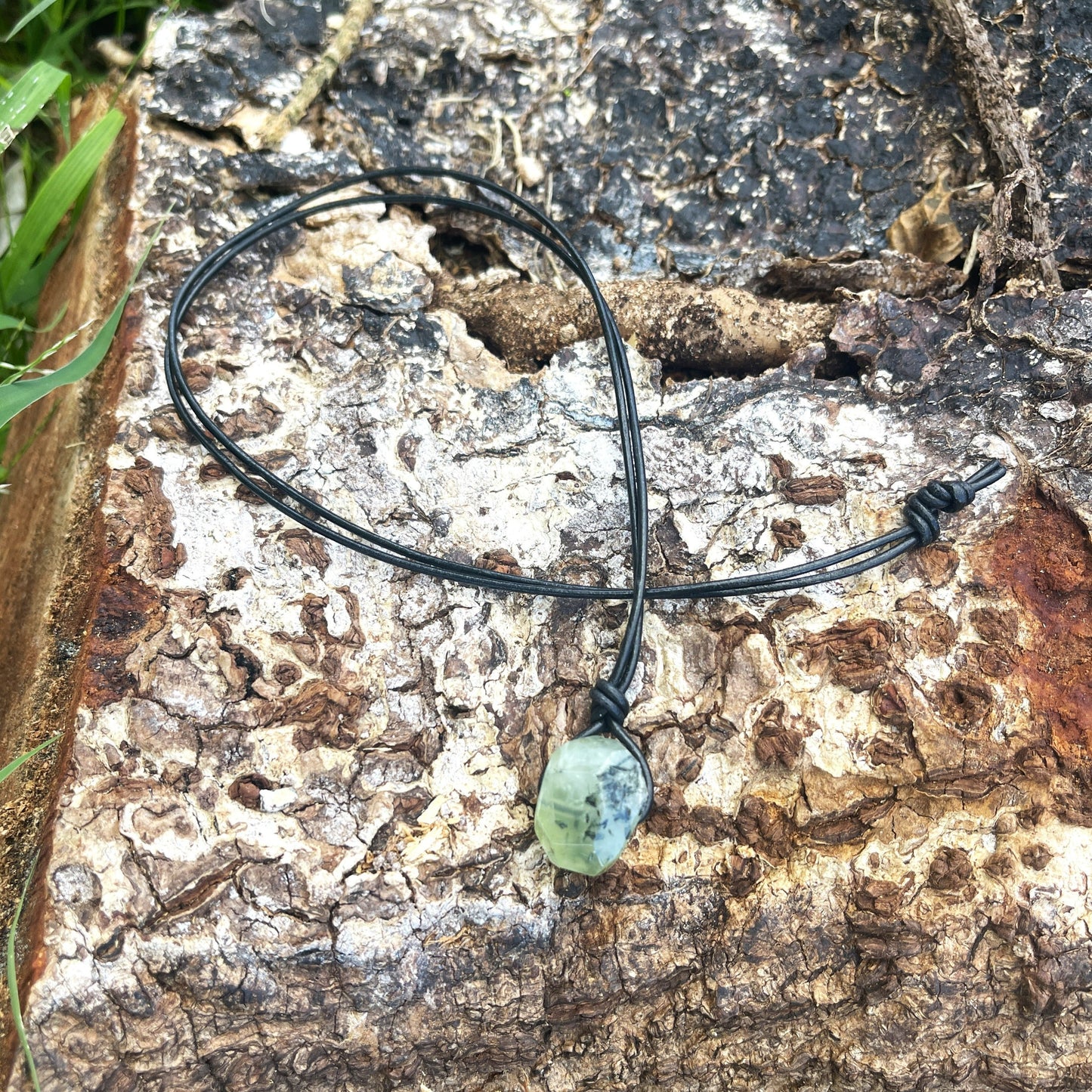 "Confessions"  Glowing Green Prehnite Black Leather Necklace