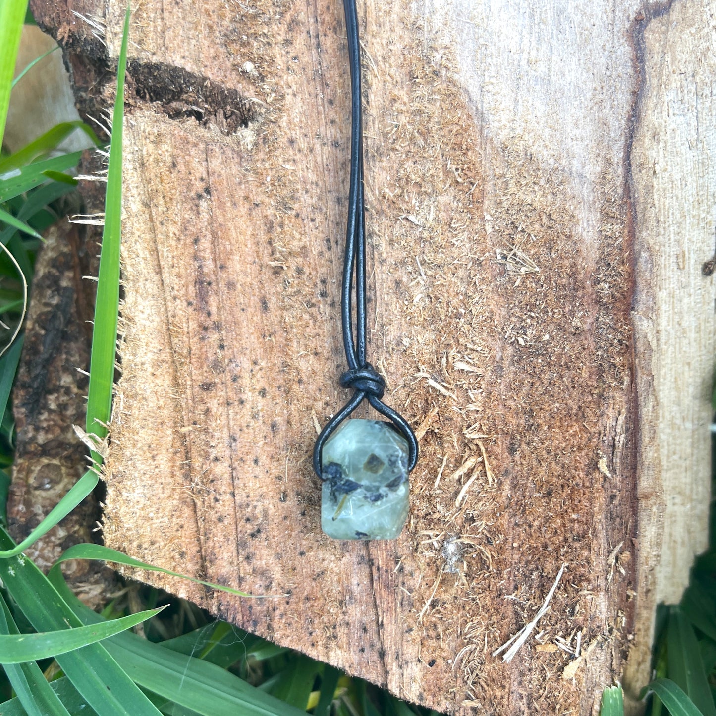 "Confessions"  Glowing Green Prehnite Black Leather Necklace