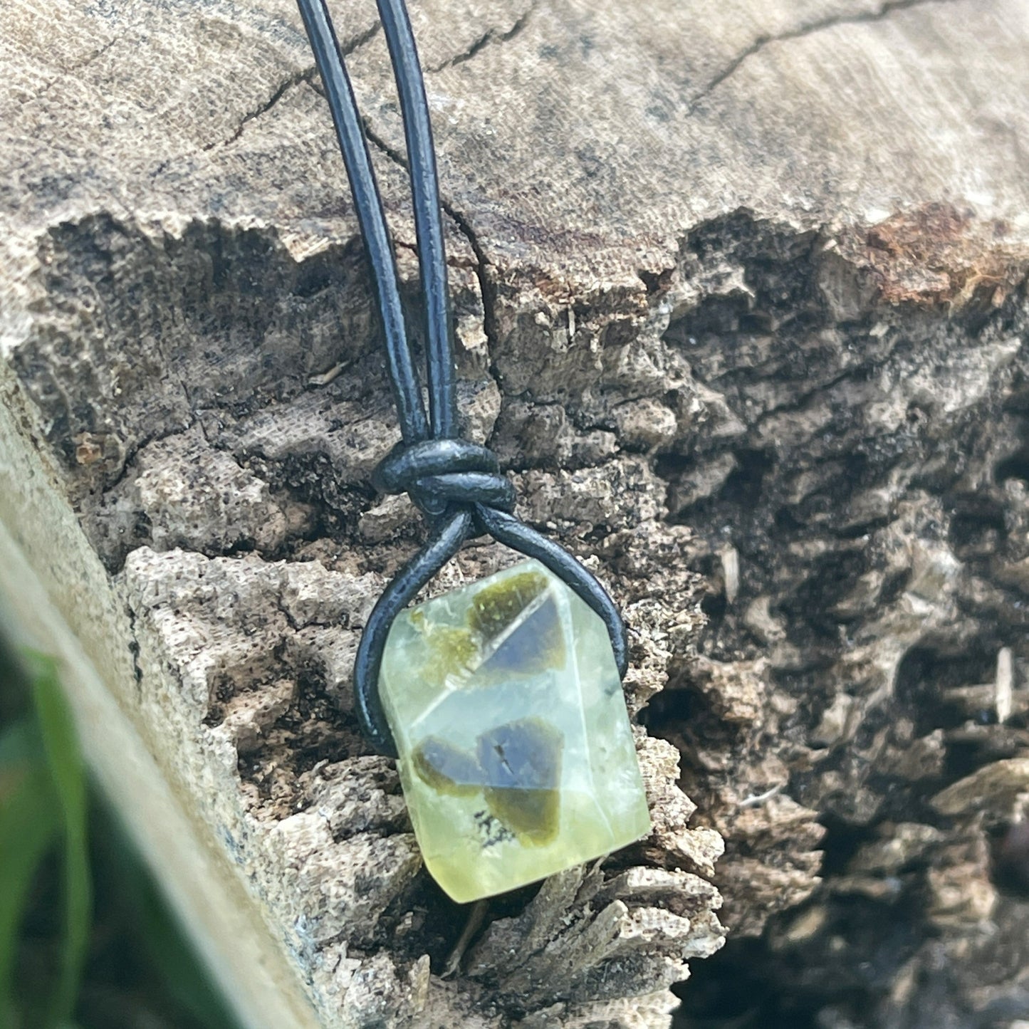 "Confessions"  Glowing Green Prehnite Black Leather Necklace