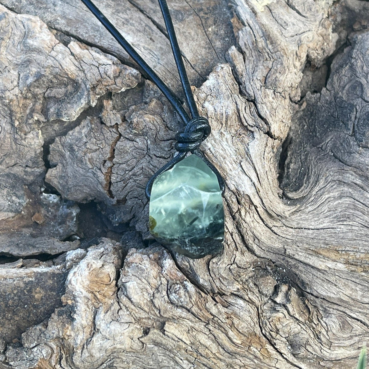 "Confessions"  Glowing Green Prehnite Black Leather Necklace