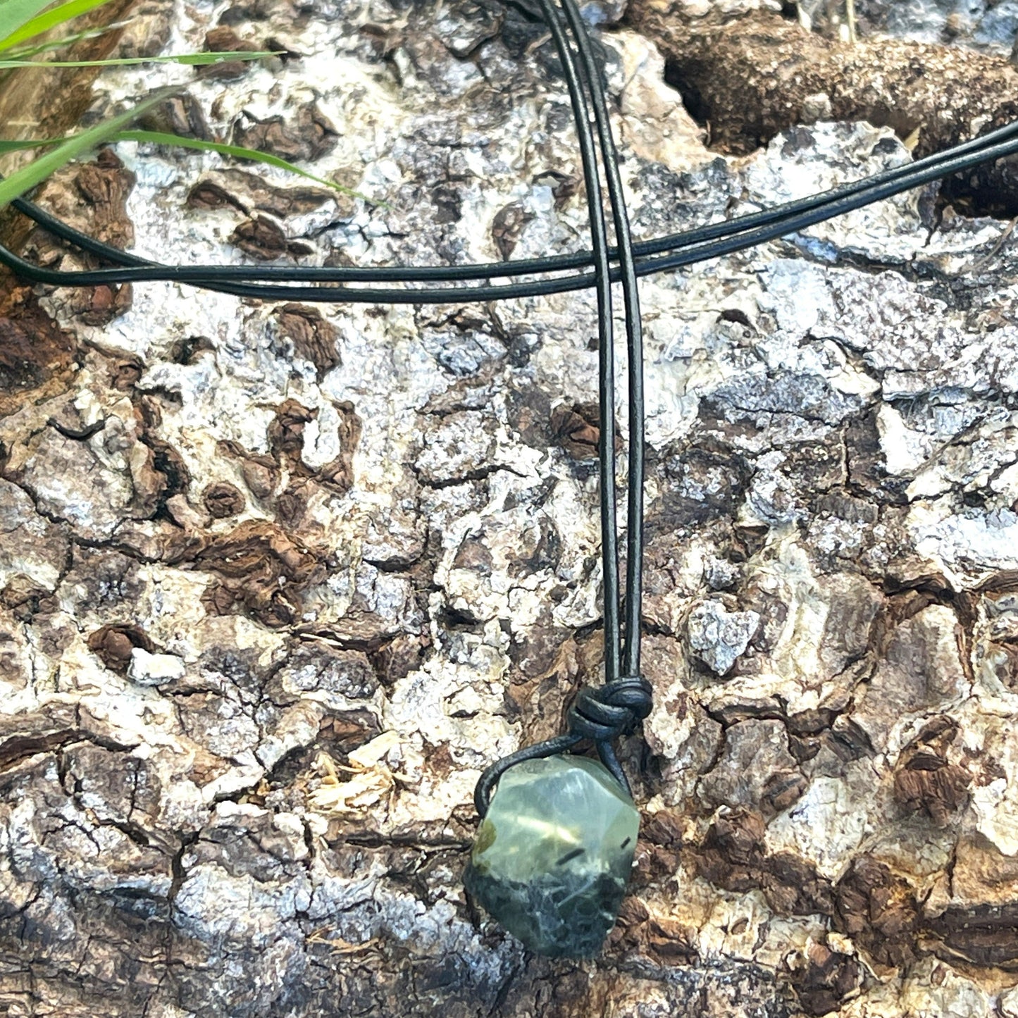 "Confessions"  Glowing Green Prehnite Black Leather Necklace