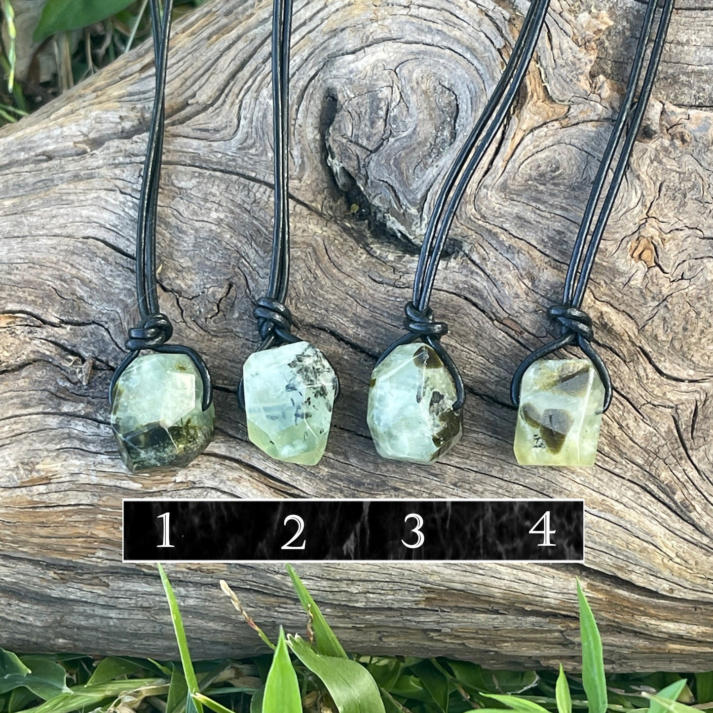 "Confessions"  Glowing Green Prehnite Black Leather Necklace