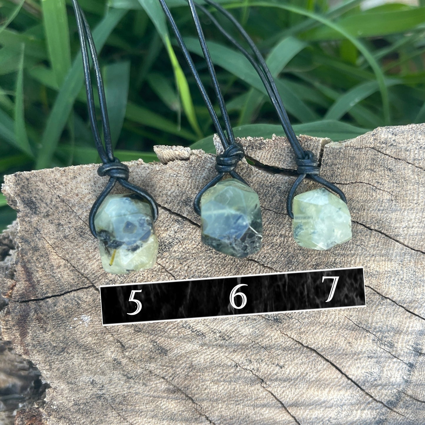 "Confessions"  Glowing Green Prehnite Black Leather Necklace