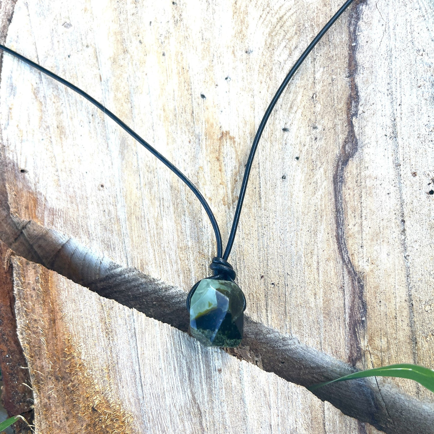 "Confessions"  Glowing Green Prehnite Black Leather Necklace