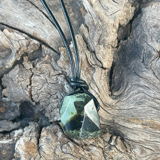 "Confessions"  Glowing Green Prehnite Black Leather Necklace