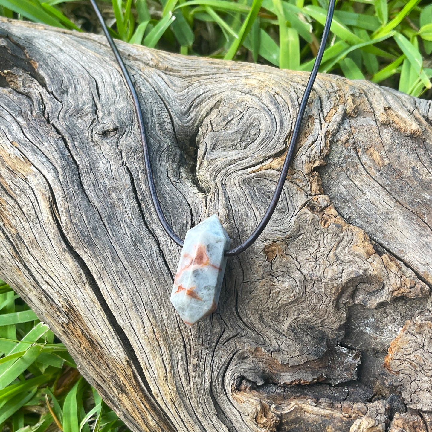 "Vertigo" Crazy Lace Agate Crystal Leather Necklace