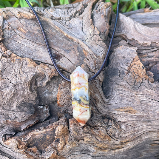 "Vertigo" Crazy Lace Agate Crystal Leather Necklace