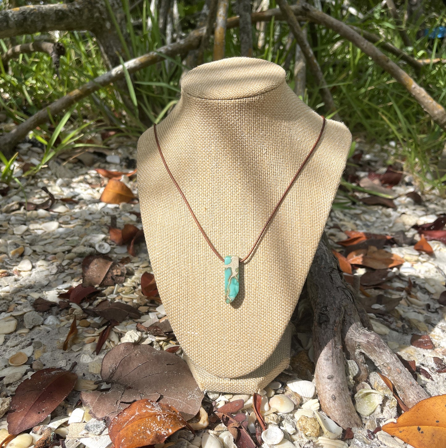 "Lightyear" Turquoise Imperial Jasper Slab Pendant Leather Necklace