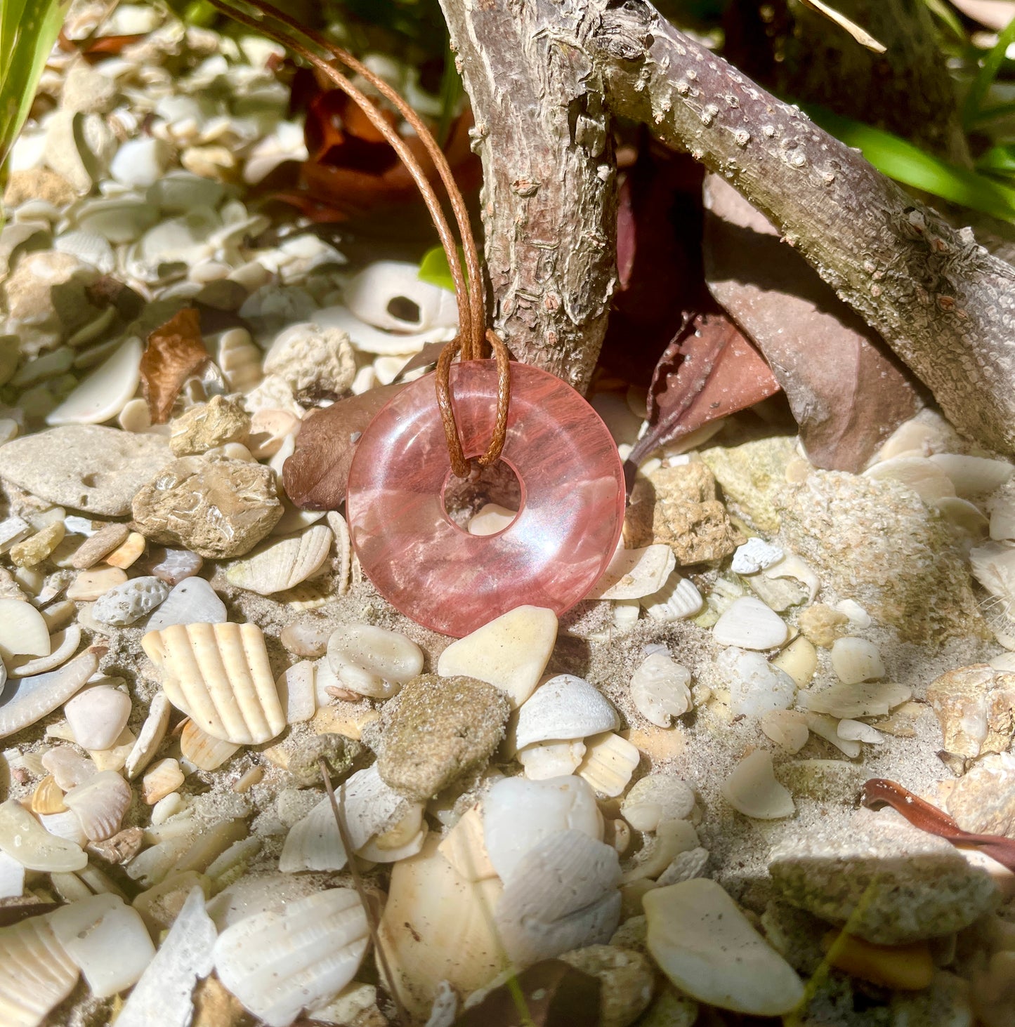 "Ibiza Sunset" Cherry Quartz Glass Donut Cotton Necklace