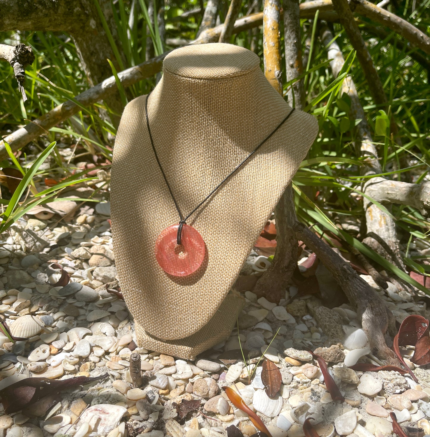 "Ibiza Sunset" Cherry Quartz Glass Donut Cotton Necklace