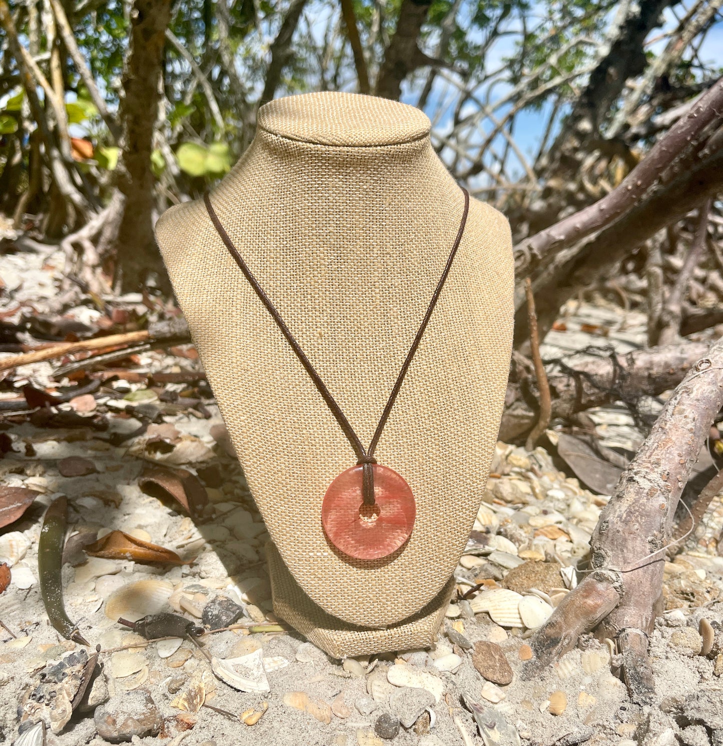 "Ibiza Sunset" Cherry Quartz Glass Donut Cotton Necklace