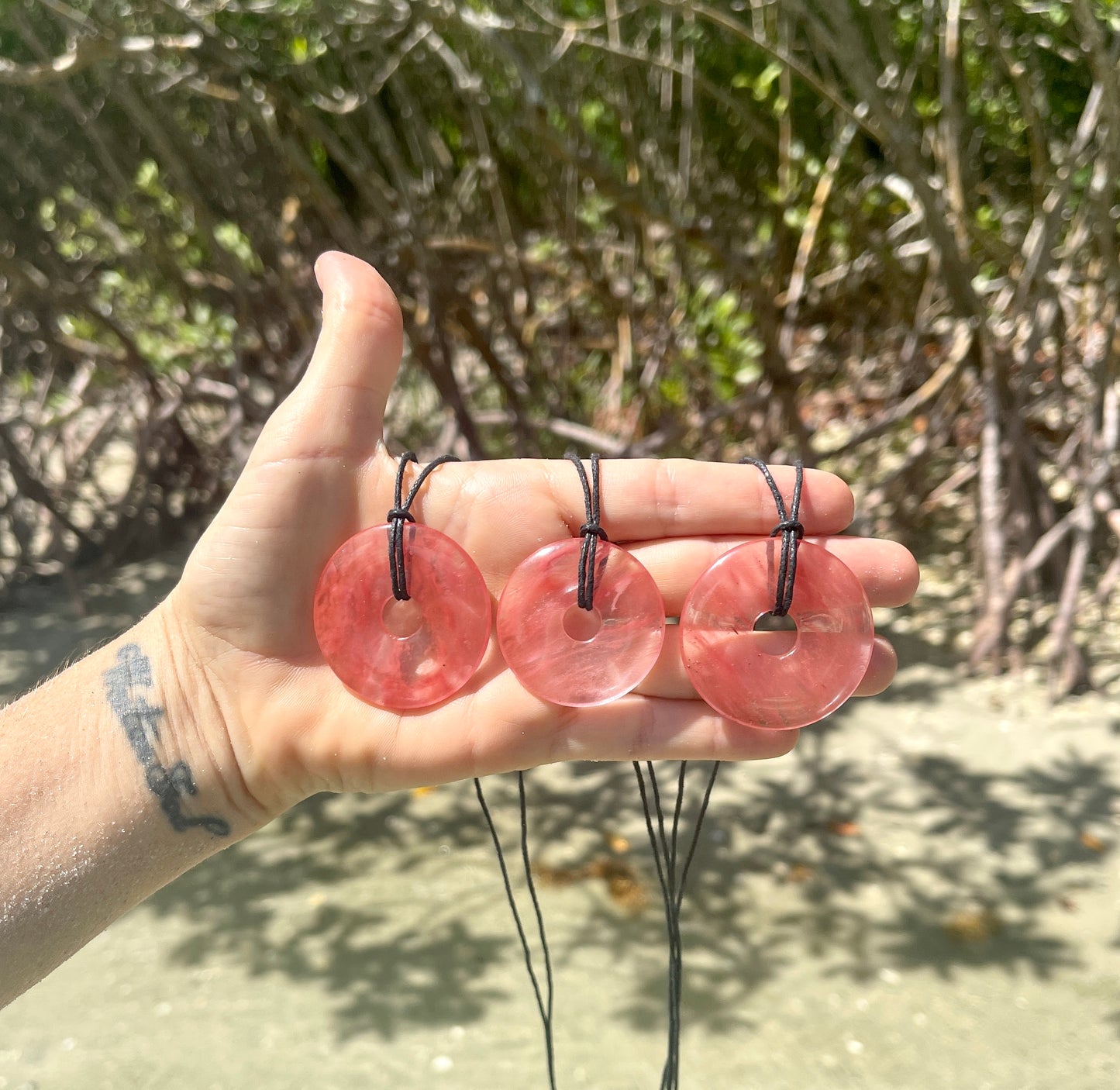 "Ibiza Sunset" Cherry Quartz Glass Donut Cotton Necklace