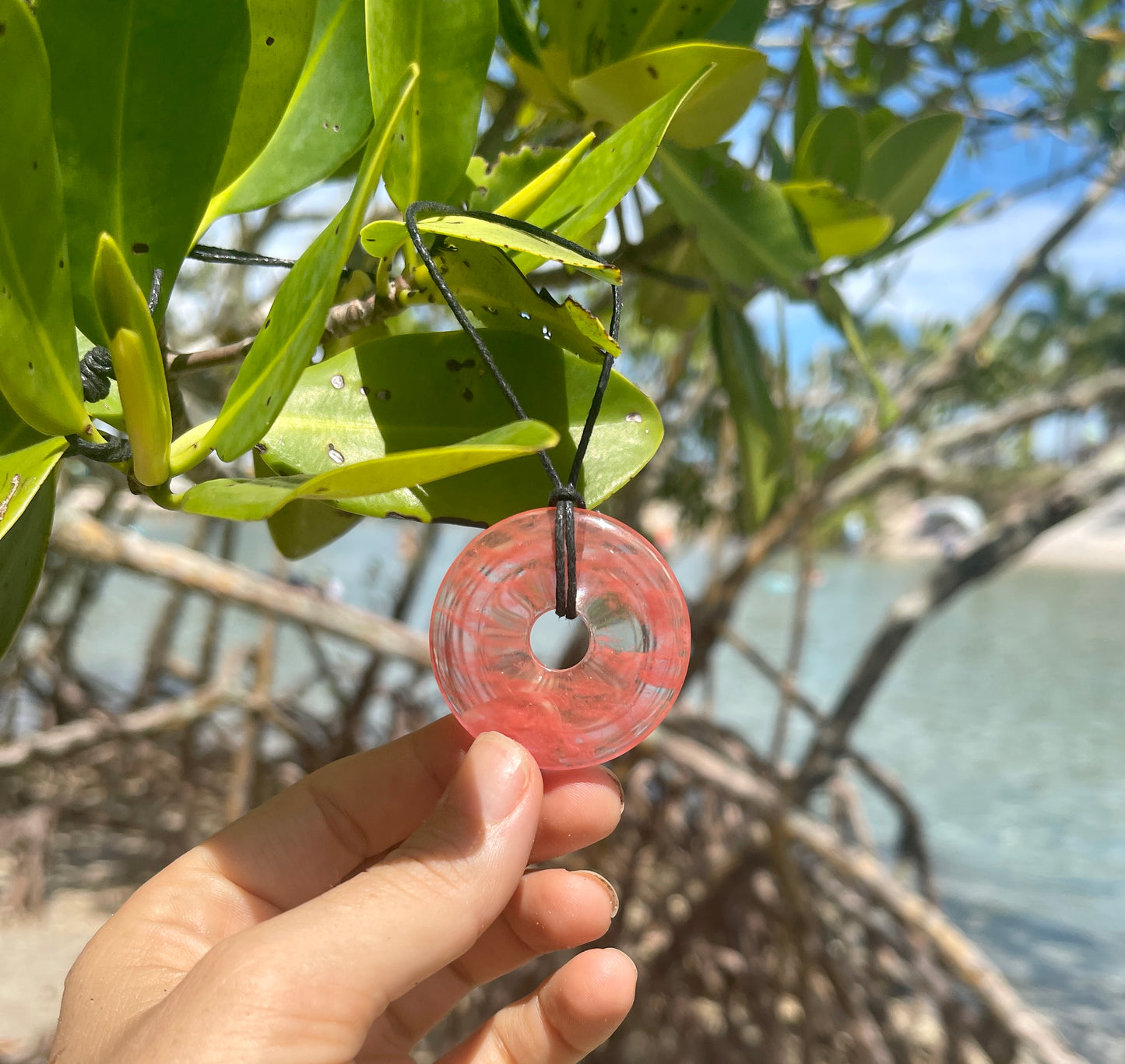 "Ibiza Sunset" Cherry Quartz Glass Donut Cotton Necklace