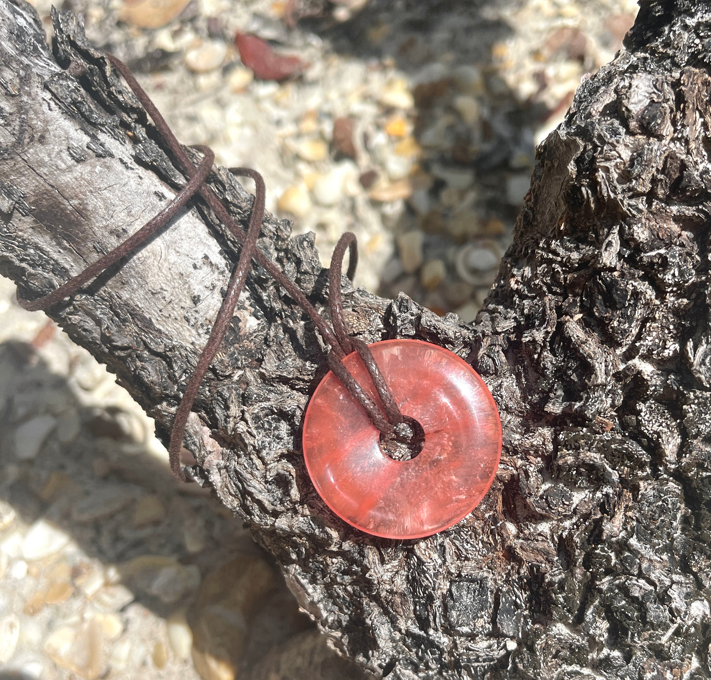 "Ibiza Sunset" Cherry Quartz Glass Donut Cotton Necklace