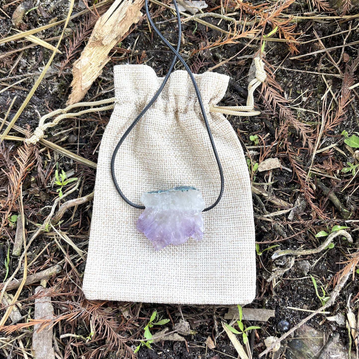 "Coue's Law" Raw Purple Amethyst Pendant Cotton Necklace