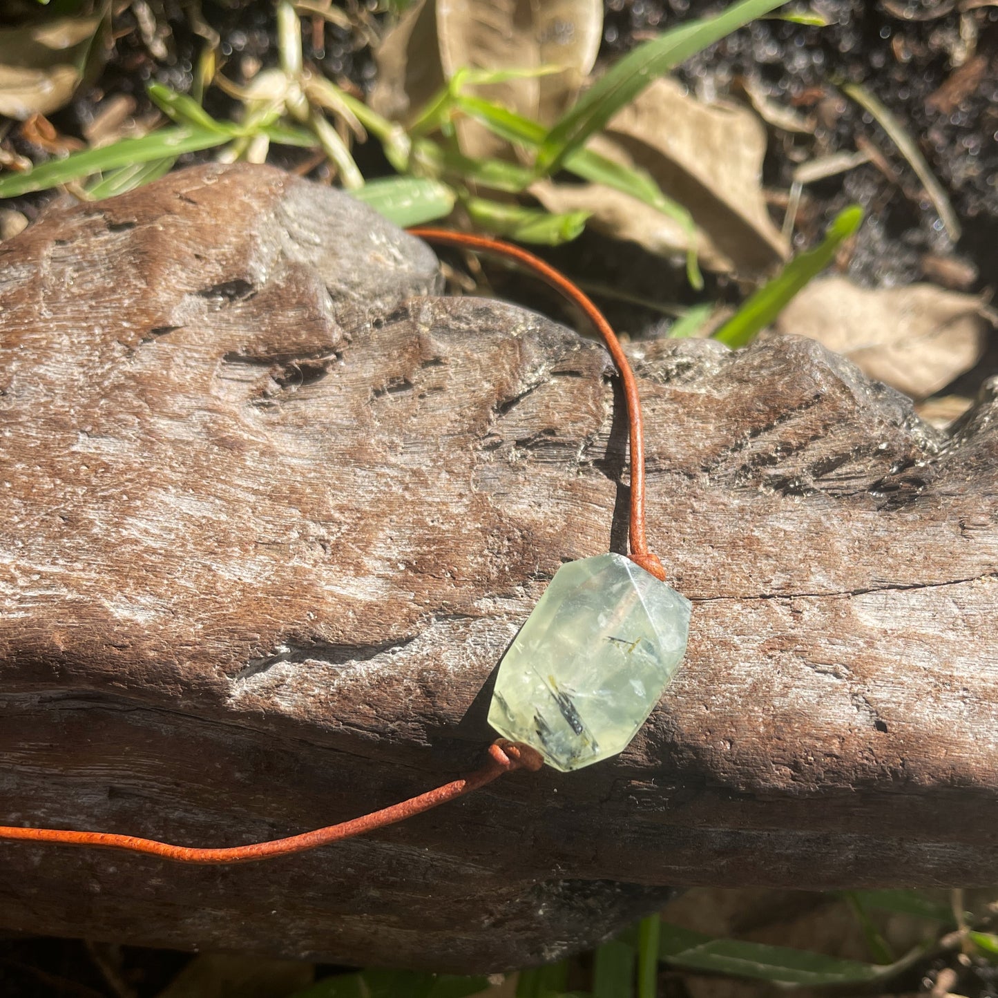 "Lively" Green Prehnite Adjustable Leather Necklace