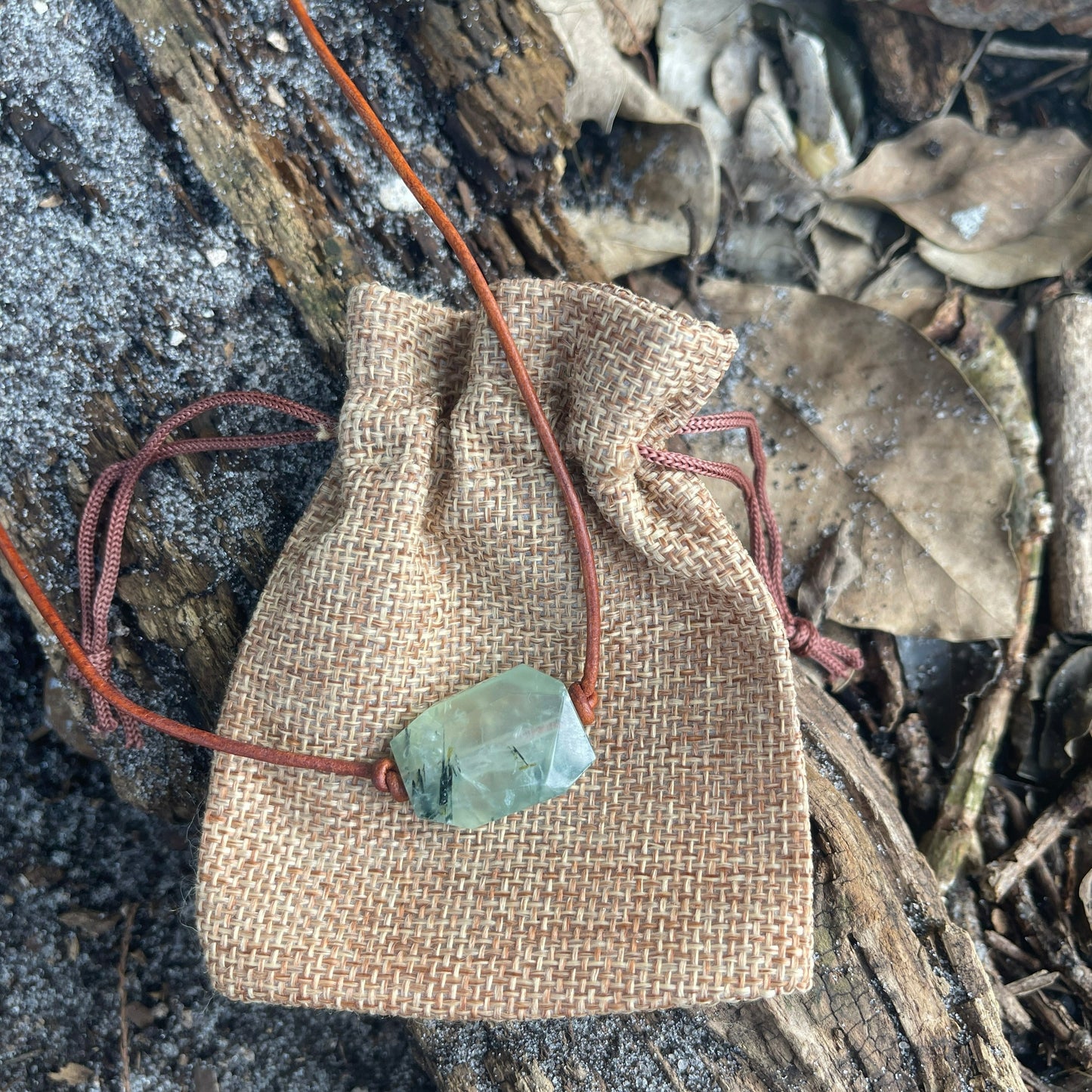 "Lively" Green Prehnite Adjustable Leather Necklace