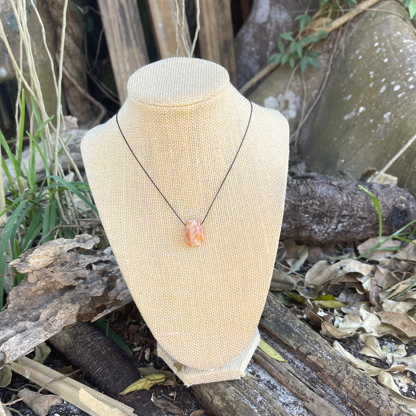 "Untamed" Marbled Natural Orange Sunstone Pendant Cotton Necklace