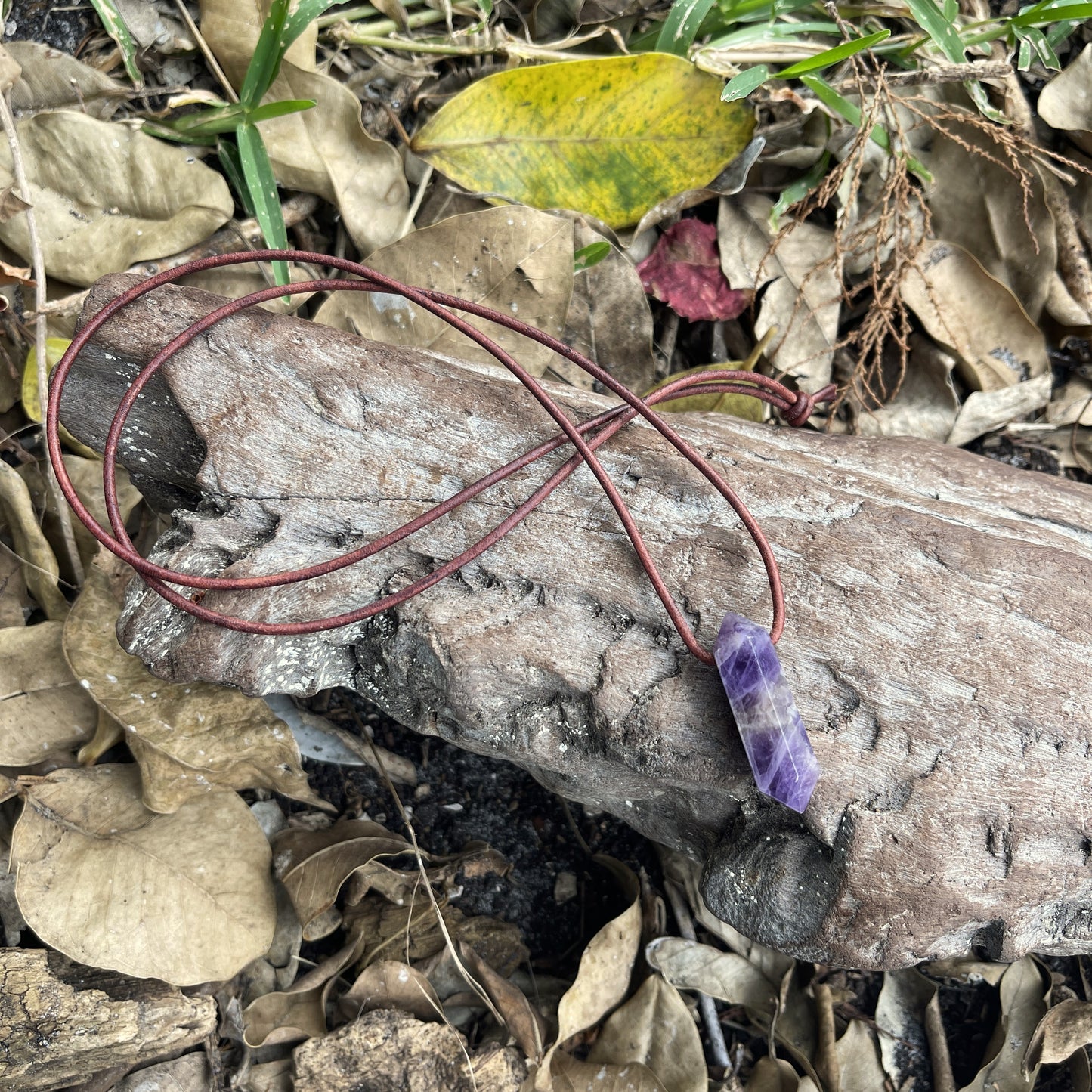 "Dabble In Dimensions" Purple Amethyst Stone Pendant Leather Necklace